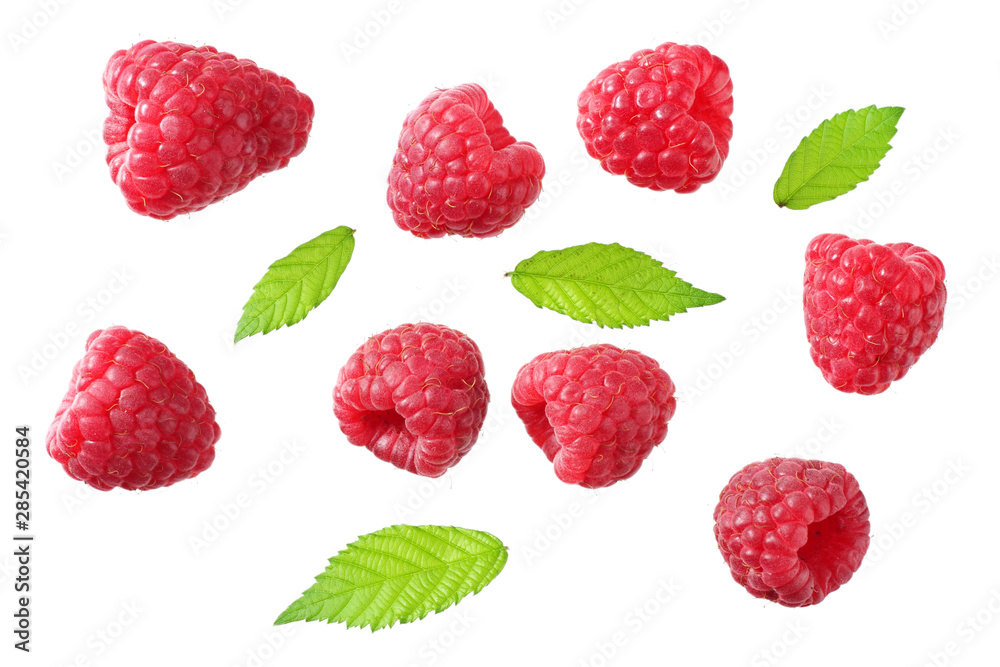 ripe raspberries with green leaf isolated on white background. top view ripe raspberries with green leaf isolated on white background. top view