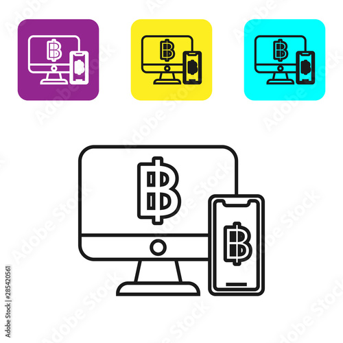 Black line Computer monitor with pound sterling symbol icon isolated on white background. Online shopping concept. Earnings in the Internet. Set icons colorful square buttons. Vector Illustration
