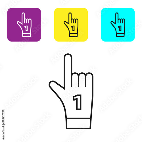 Black line Number 1 one fan hand glove with finger raised icon isolated on white background. Symbol of team support in competitions. Set icons colorful square buttons. Vector Illustration