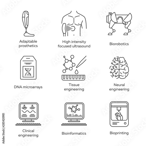 Bioengineering linear icons set. Biotechnology. Molecular biology, biomedical, molecular engineering, bioinformatics. Thin line contour symbols. Isolated vector outline illustrations. Editable stroke