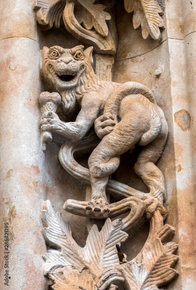 Detail of dragon sculpted in stone in the porch of the cathedral, Salamanca, Spain