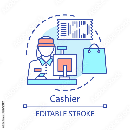 Cashier concept icon. Shop employee idea thin line illustration. Retail store staff. Checkout operator. Sales clerk at store. Seller, saleswoman. Vector isolated outline drawing. Editable stroke
