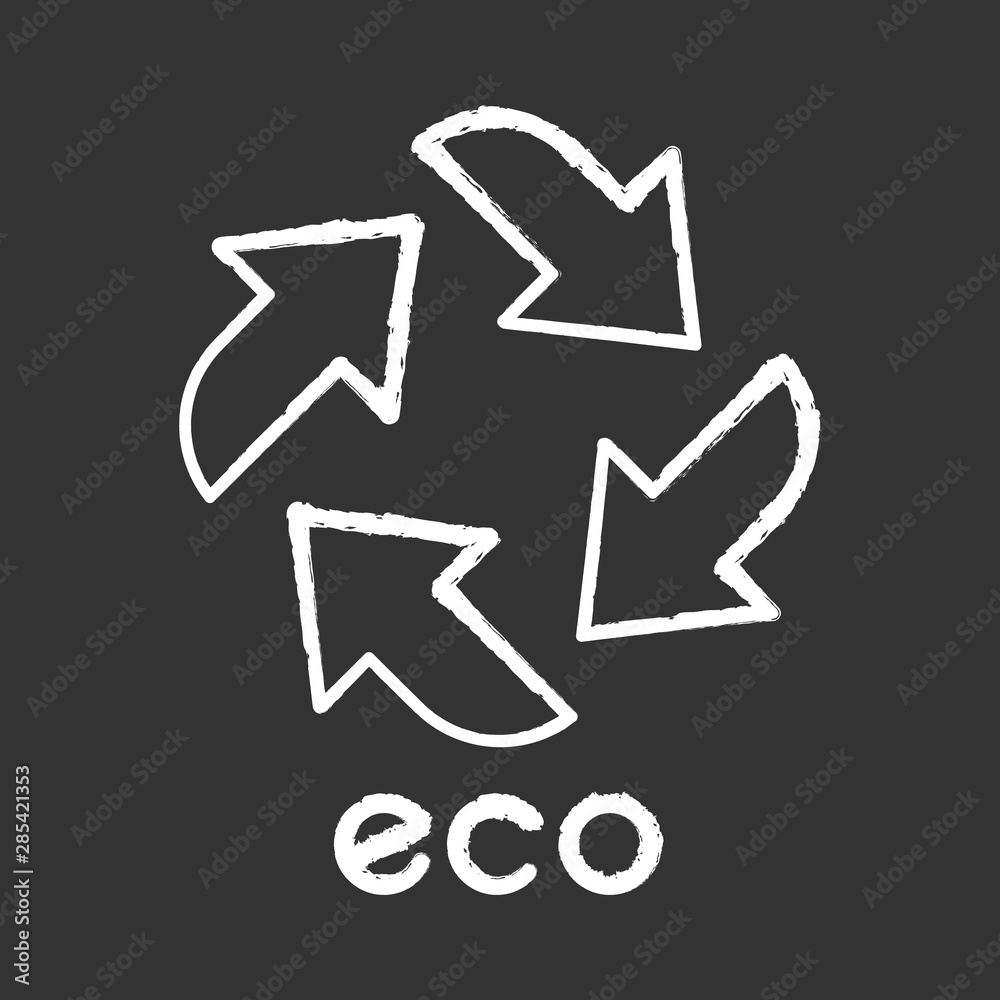 Eco label chalk icon. Four straight arrow signs. Recycle symbol. Alternative energy. Environmental protection sticker. Eco friendly chemical. Organic cosmetics. Isolated vector chalkboard illustration