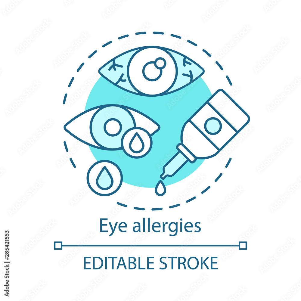 Eye allergies concept icon. Allergic conjunctivitis idea thin line illustration. Seasonal spring, summer pollen allergy symptom. Bloodshot eye. Vector isolated outline drawing. Editable stroke Eye allergies concept icon. Allergic conjunctivitis idea thin line illustration. Seasonal spring, summer pollen allergy symptom. Bloodshot eye. Vector isolated outline drawing. Editable stroke