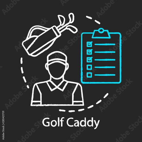 Golf caddy chalk icon. Sport coach, trainer. Player assistant. Golf bag with clubs. Field stadium staff, personnel. Instructor, worker. Isolated vector chalkboard illustration