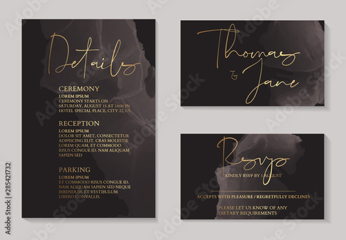 Luxury dark chocolate wedding invitation cards with gold marble texture and geometric pattern minimal style vector design template. Cute invitation, party collection.