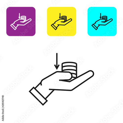Black line Money on hand icon isolated on white background. Palm holds cash with down. Cash salary decrease. Set icons colorful square buttons. Vector Illustration