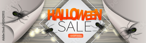 Halloween sale banner design. Advertisement idea for 31 October holiday event with spiders, pilling off paper and glowing lights. Vector illustration.