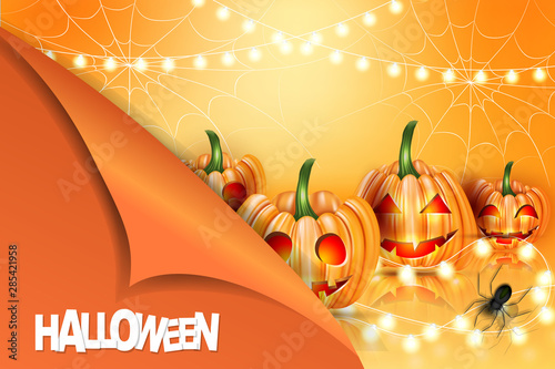 Halloween poster or flyer design. Pumpkin scare spooky face heads, spider web, and glowing garland lights over orange background cover by piiling off paper. Vector illustration.