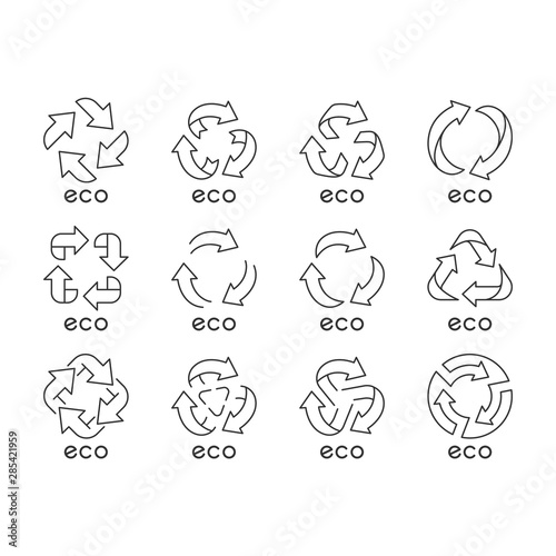 linear icons set. Arrows signs. Recycle symbols. Alternative energy. Environmental protection emblems. Zero waste products. Thin line contour symbols. Isolated vector illustrations. Editable stroke