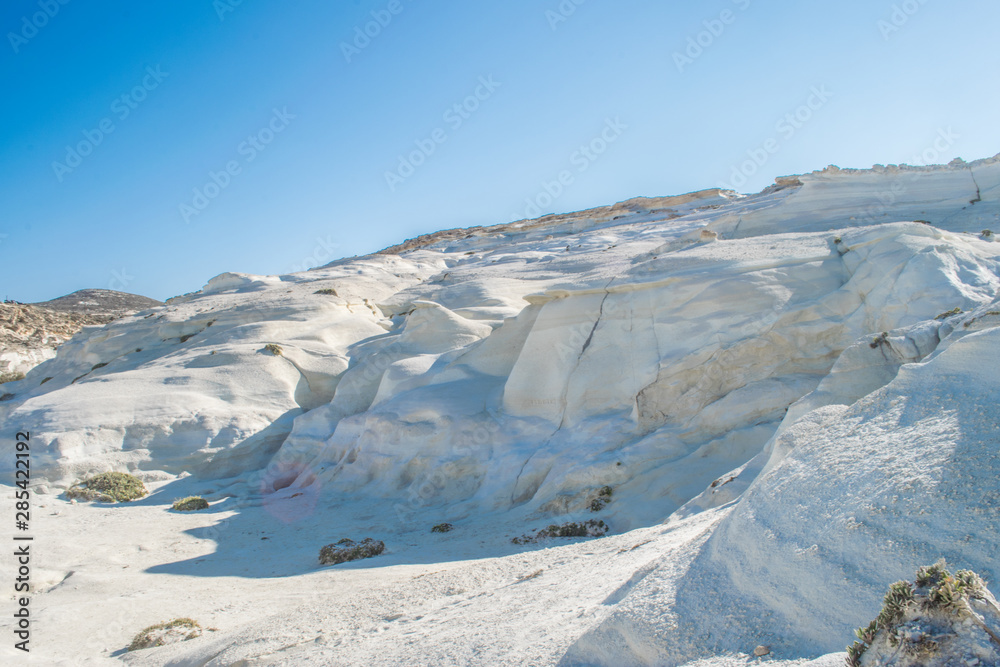  Amazing white volcanic rocks formatting a moonscape at famous Sarakiniko beach in Milos, Greece