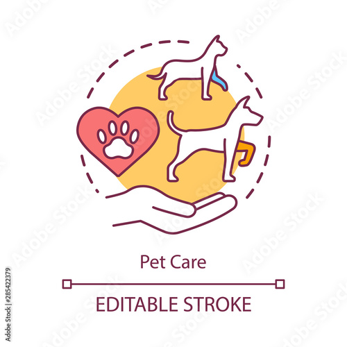 Pet care concept icon. Domestic animals clinic idea thin line illustration. Helping injured dogs, cats. Veterinary treatment and support center. Vector isolated outline drawing. Editable stroke