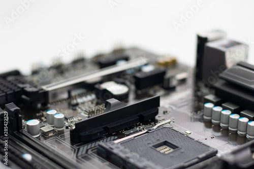 Electronic circuit boards, computer motherboard on white background