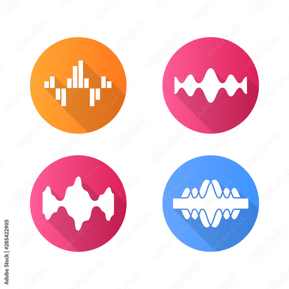 Sound waves flat design long shadow glyph icons set. Audio, music, radio signal waves. Vibration, synergy, motion lines. Digital curve soundwaves frequency. Vector silhouette illustration Sound waves flat design long shadow glyph icons set. Audio, music, radio signal waves. Vibration, synergy, motion lines. Digital curve soundwaves frequency. Vector silhouette illustration