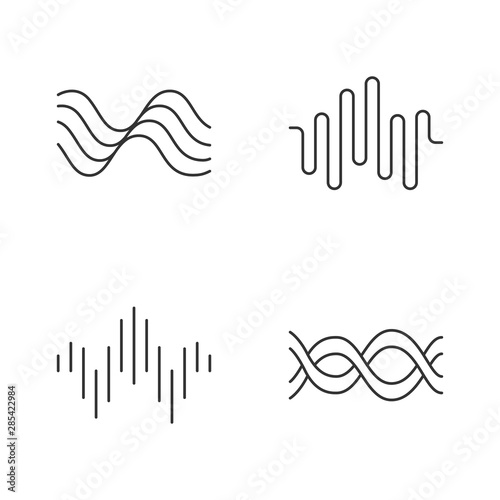 Sound waves linear icons set. Audio waves. Sound, voice recording. Music rhythm logotype. Digital waveform frequency. Thin line contour symbols. Isolated vector outline illustrations. Editable stroke