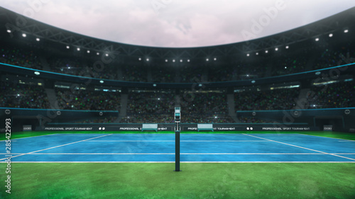 blue and green tennis court stadium with fans at daytime, referee's side view, professional tennis sport 3D illustration background