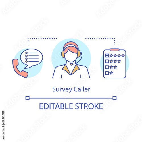 Survey caller concept icon. Operator, consultant manager idea thin line illustration. Client services. Automated phone surveys. Call center agent. Vector isolated outline drawing. Editable stroke