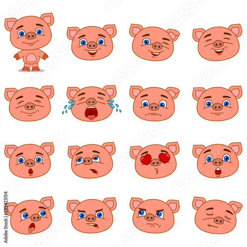Big set of heads with expressions of emotions of funny pig in cartoon style isolated on white background
