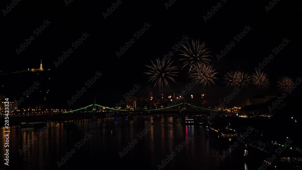 Fireworks Over The City of Budapest on Chain Bridge, Danube River, Hungary, 20. August-St. Stephen’s Day