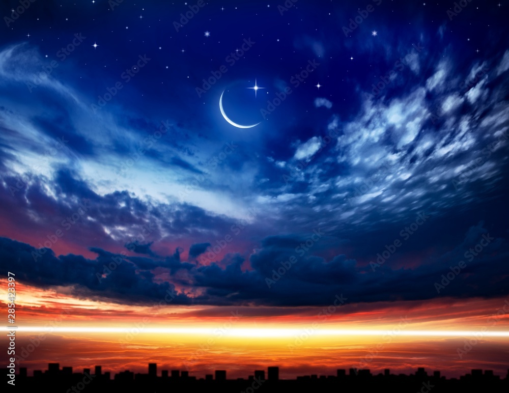 Cityscape Sunset. Crescent moon with beautiful sunset background . Generous Ramadan . Religion background Cityscape Sunset. Crescent moon with beautiful sunset background . Generous Ramadan . Religion background