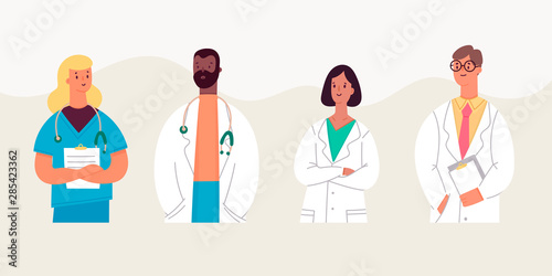 Group of hospital medical staff. Various male and female medicine workers. Doctor, surgeon, physician, paramedic, nurse. Colored vector characters. Cartoon style. Flat design. Avatars