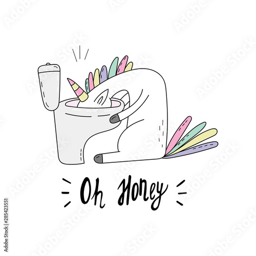 Cute hand drawn funny unicorn vector card. vector illustration. cartoon print.