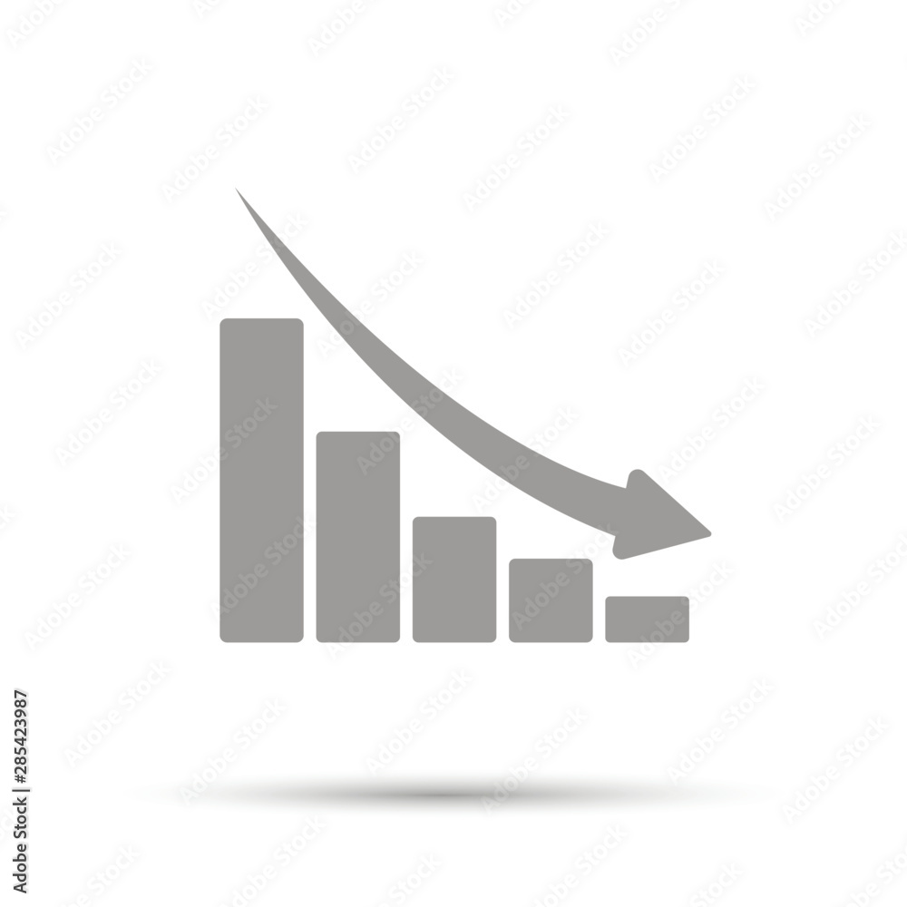 Declining graph sign. Black line icon with gray shifted flat filled icon on white background. Illustration. Declining graph sign. Black line icon with gray shifted flat filled icon on white background. Illustration.