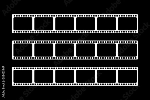 Three white video films of different sizes are shown on a black background.