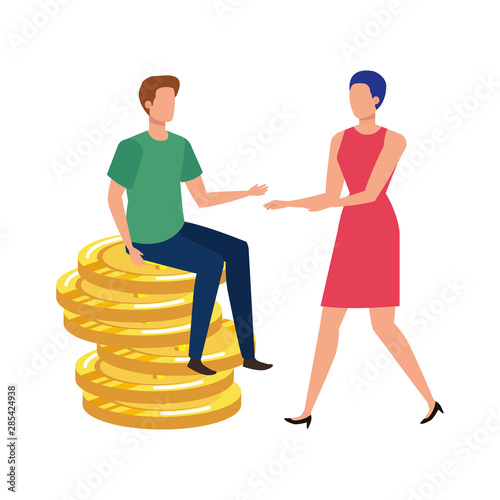 young couple with coins money avatars characters