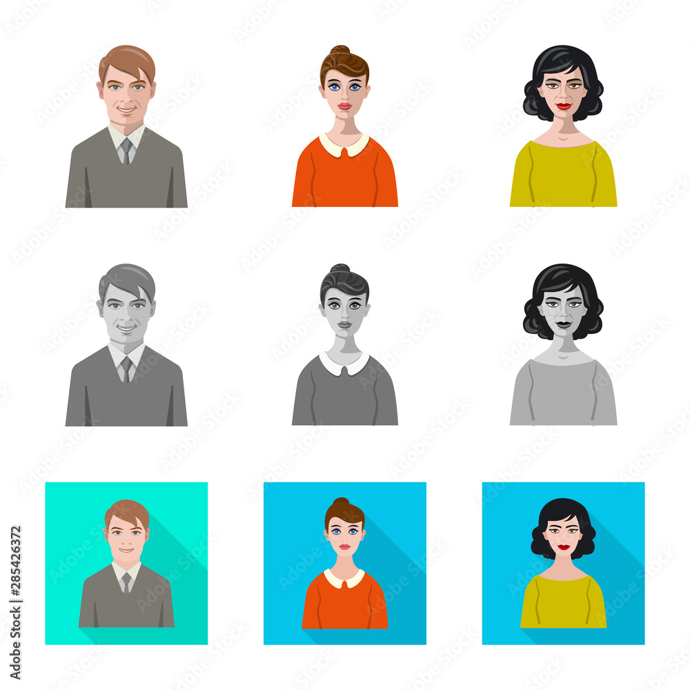 Vector illustration of hairstyle and profession sign. Set of hairstyle and character vector icon for stock. Vector illustration of hairstyle and profession sign. Set of hairstyle and character vector icon for stock.