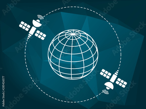 Two white satellites orbiting the earth represented as a wireframe sphere on a blue low poly background. Global communication, wireless communication, transfer data, concept. Vector illustration. 