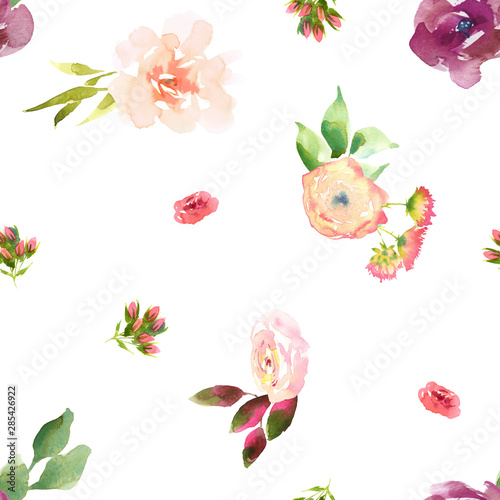 Bright Wedding bridal romanric bouquet seamless pattern. Hand drawing watercolor red and purple and green flowers ornament