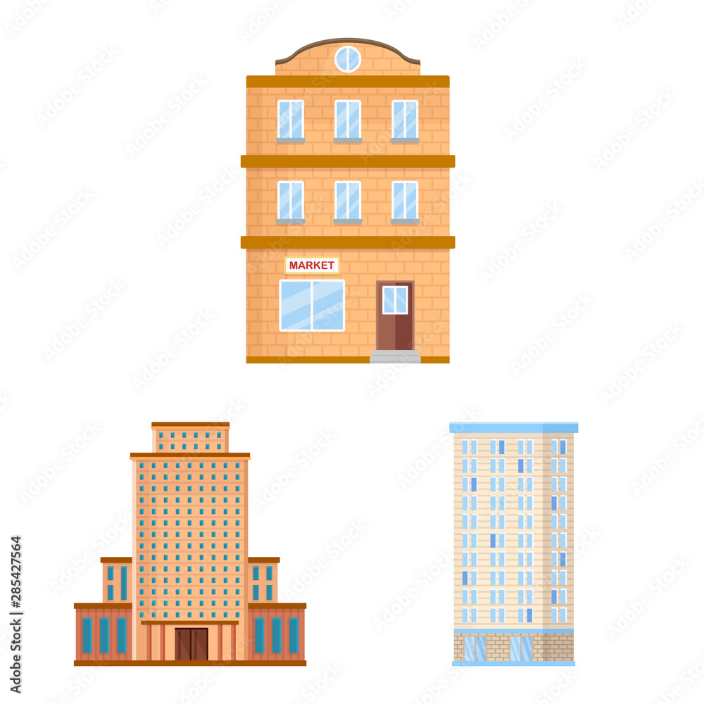 Vector design of facade and building sign. Set of facade and exterior stock symbol for web.