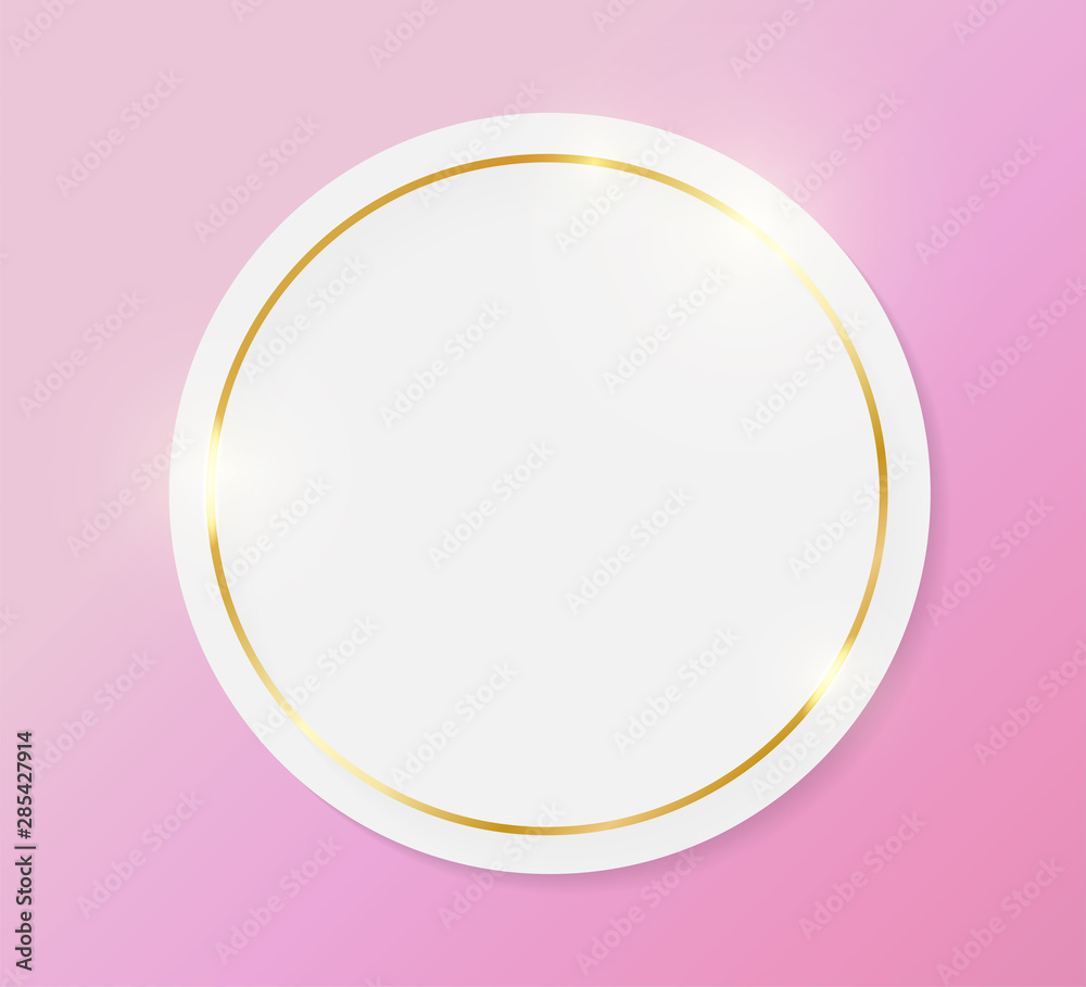 Gold shiny glowing vintage frame on white plate isolated on pink background. Golden luxury realistic border. Wedding, mothers or Valentines day concept. Xmas and New Year paper abstract. Vector