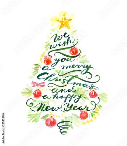 Merry Christmas holiday banner with pine tree, toys and calligraphy lettering. Watercolor hand painted New Year poster background. Design elements for invitation, flyer, greeting card.