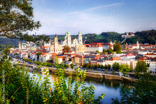 Aerial view of the historic city of Passau on a beautiful summer day, Germany