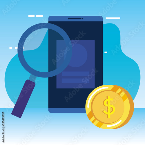 coins money dollars with smartphone and magnifying glass