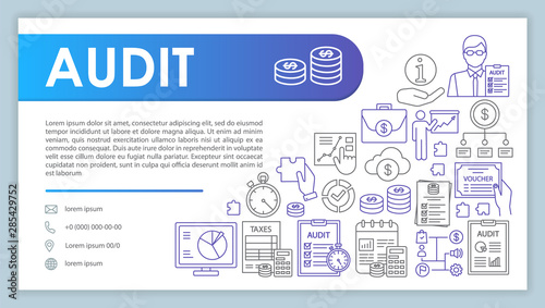 Audit web banner, business card vector template. Accounting company contact page with phone, email linear icons. Financial analysis presentation, web page idea. Corporate print design layout