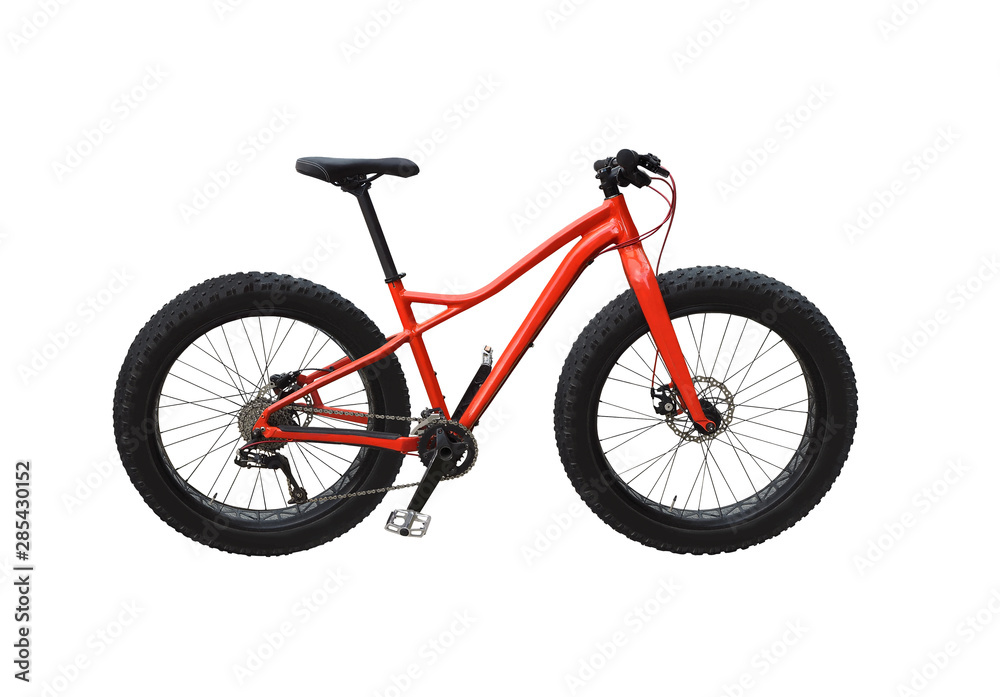 Fat bike with red frame isolated on white background. Off-road bicycle for snow, sand and other extreme trails