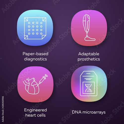 Bioengineering app icons set. Paper-based diagnostics, adaptable prosthetics, engineered heart cells, DNA microarrays. UI/UX user interface. Web or mobile applications. Vector isolated illustrations