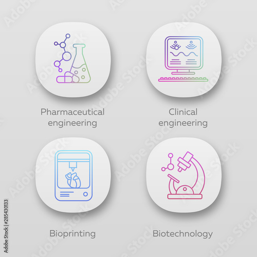 Bioengineering app icons set. Pharmaceutical and clinical engineering, bioprinting, biotechnology. UI/UX user interface. Web or mobile applications. Vector isolated illustrations