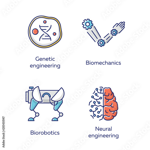Bioengineering color icons set. Changing existing and creating artificial organisms. Genetic engineering, biomechanics, biorobotics, neural engineering. Biotechnology. Isolated vector illustrations