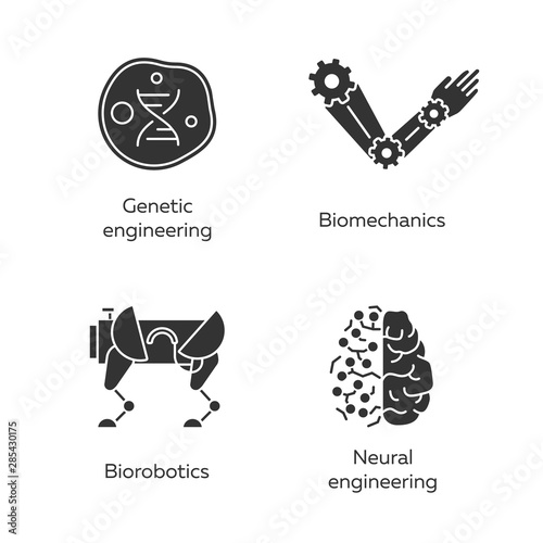 Bioengineering glyph icons set. Changing and creating organisms. Genetic engineering, biomechanics, biorobotics, neural engineering. Biotechnology. Silhouette symbols. Vector isolated illustration