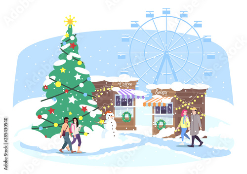 Christmas funfair flat vector illustration. People walking Xmas street market cartoon characters. Winter fairground with market stalls, ferris wheel and Christmas fir tree. New Year greeting card