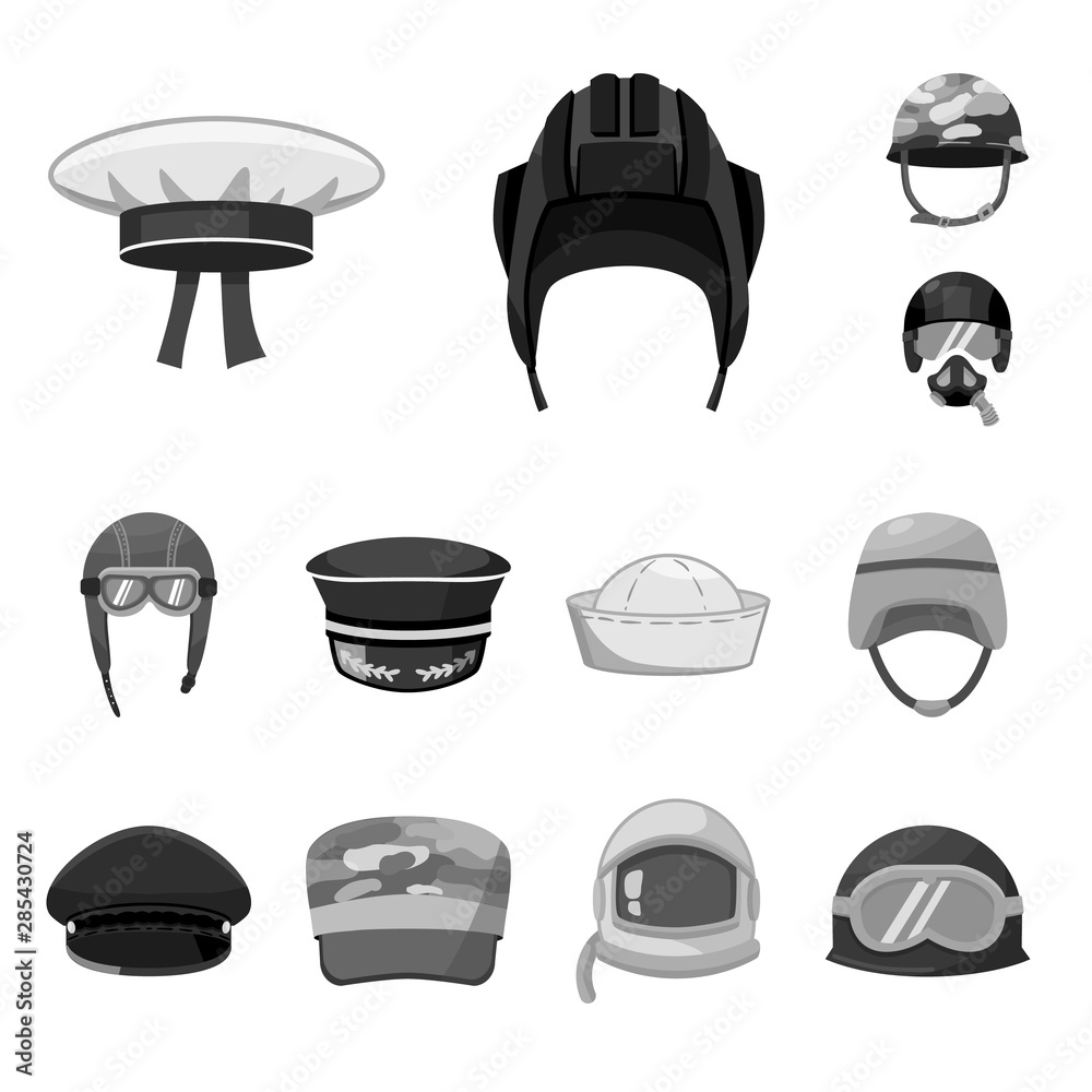 Vector illustration of headgear and modern symbol. Collection of