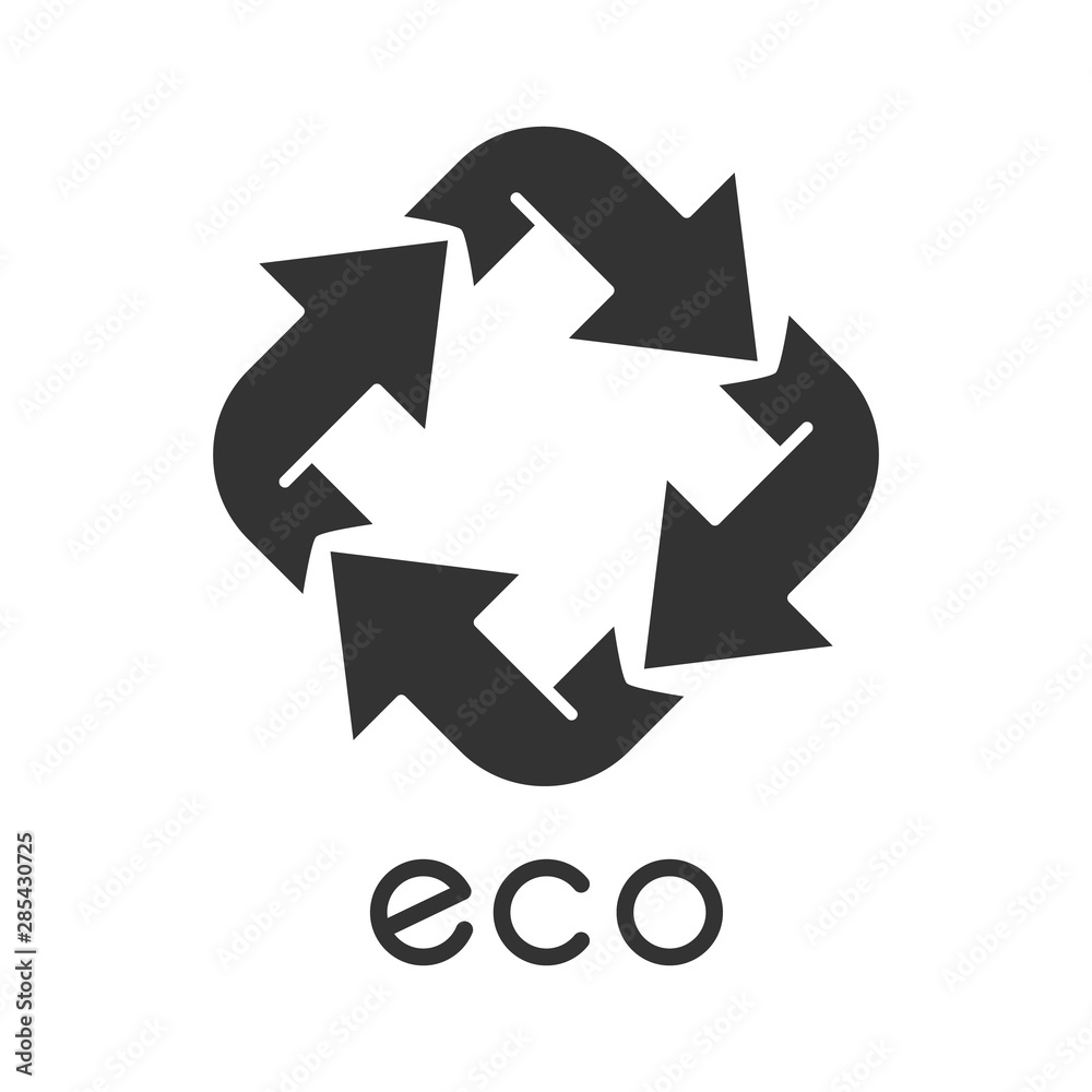Eco label glyph icon. Four angled arrow signs. Recycle symbol. Alternative energy. Environmental protection sticker. Eco friendly chemicals. Organic cosmetics. Silhouette symbol. Negative space Eco label glyph icon. Four angled arrow signs. Recycle symbol. Alternative energy. Environmental protection sticker. Eco friendly chemicals. Organic cosmetics. Silhouette symbol. Negative space