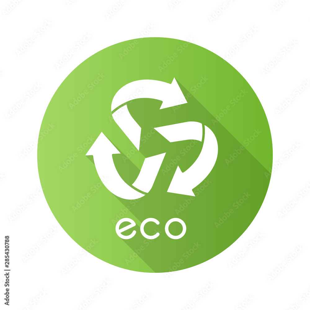 Eco label green flat design long shadow glyph icon. Three rounded arrows coming out of center sign. Recycle symbol. Environmental protection sticker. Organic cosmetics. Vector silhouette illustration Eco label green flat design long shadow glyph icon. Three rounded arrows coming out of center sign. Recycle symbol. Environmental protection sticker. Organic cosmetics. Vector silhouette illustration