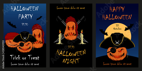 Set of vector illustrations for Halloween with the image of pumpkins. Evil pumpkin pirates. Design elements for invitation, flyer, postcard, banner, poster, flyer.