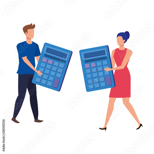 young couple with calculators characters