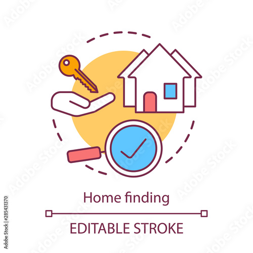 Home finding concept icon. Relocating services, new dwelling place choice idea thin line illustration. Purchasing house, renting apartment. Vector isolated outline drawing. Editable stroke